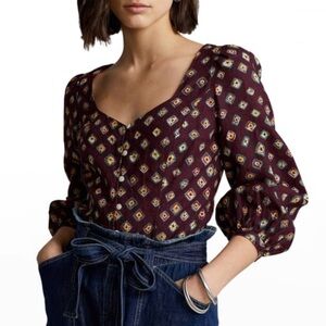 NWT Polo Ralph Lauren Block Print Linen Button Down Top